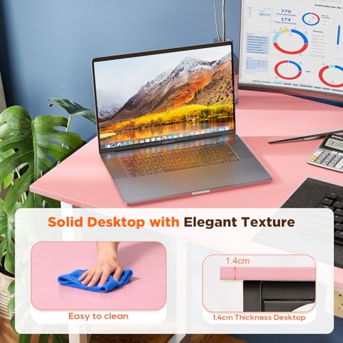 Image of PayLessHere | 63 Inch Computer Desk | Pink | Office Desk with Metal Frame, Adjustable Feet | Water-Resistant, Scratchproof Surface | Sturdy Writing Table for Home Office or Study | Pack of 1