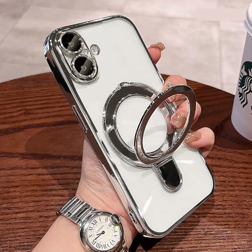 Image of Magnetic Case for iPhone 16 Plus Case Stand & Ring Holder Compatible with MagSafe Built-in Camera Lens Protector Shockproof Phone Case for iPhone 16 Plus 6.7 inch - Silver