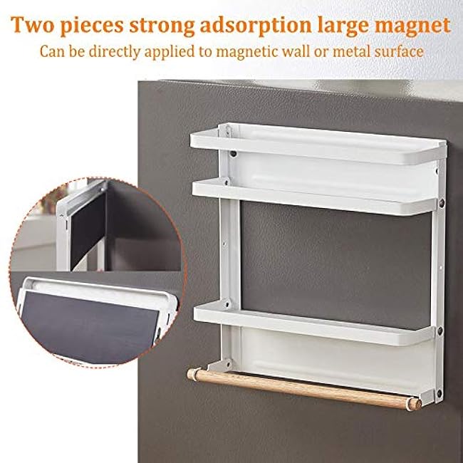 Magnetic Spice Rack for Refrigerator Magnetic Paper Towel Holder for Fridge Magnetic Shelf Magnetic Shelves Fridge Magnet Organizer Spice Rack Kitchen Organization Kitchen Storage(White)
