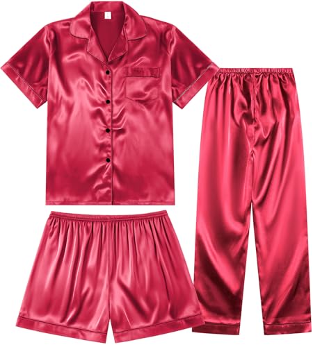 Image of 3 Piece Silk Satin Pajama Set for Women Soft Short Sleeve Button Down Pjs with Shorts Long Pants Sleepwear S-XXXL