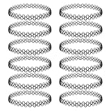 LUSTRIB 12PC 90s Tattoo Choker Necklace Set - Black Stretchy Elastic Vintage Trendy Y2K Fashion Jewelry...