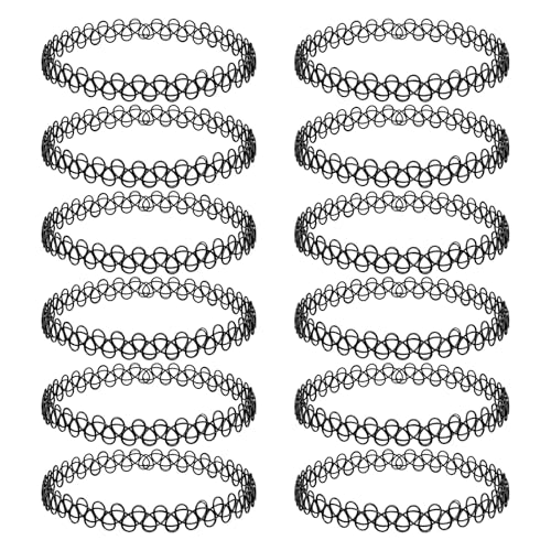 LUSTRIB 12PC 90s Tattoo Choker Necklace Set - Black Stretchy Elastic Vintage Trendy Y2K Fashion Jewelry Adjustable Retro Gothic Grunge Aesthetic Accessories for Women