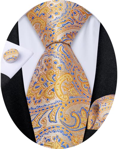 Image of DiBanGu Mens Paisley Tie Sets Silk Jacquard Woven Floral Necktie and Pocket Square Cufflinks Wedding Business Party