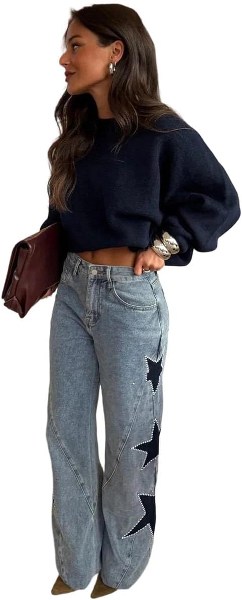 Women's Casual Loose Straight Denim with Star Design Pants