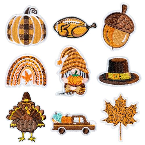 Kirako HOLIDAY 9 Pcs Thanksgiving Fall Iron On Patches Autumn Pumpkin Turkey Maple Leaves Gnome Sew On Embroidered Applique Repair Patch Diy Crafts Accessories Gifts cover