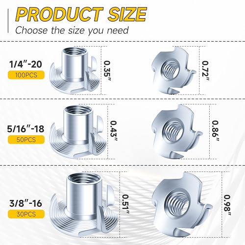 180Pcs 1/4-20 5/16-18 3/8-16 Trousse d'assortiment d'écrous en T, 4 Acier allié plaqué zinc, travail du bois, cales d'escalade & Noix de matériel de meubles, insertion filetée par Mywish