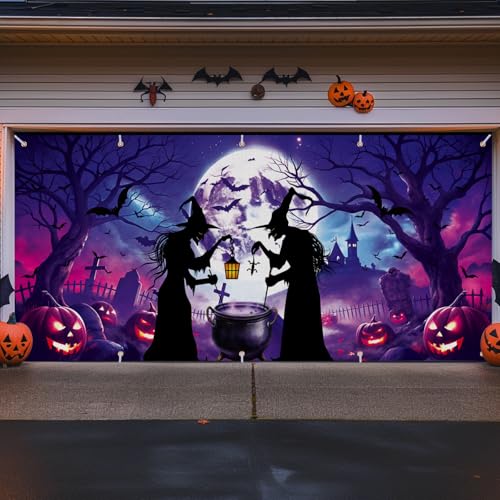 Halloween Garage Door Cover Decorations, Large Hocus Pocus Witches Cauldron Silhouette Decor, 7 x 16 Ft Scary Halloween Garage Door Banner Backdrop Wall Background for Home Window Patio Yard Outdoor