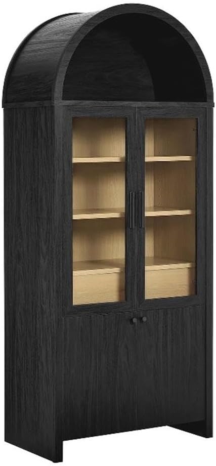 Modway Evie Arched Display Cabinet in Black Oak - Modern Tall Storage Cabinet with Shelves - Sophisticated Glass Door Bookcase - Elegant Living Room and Hallway Accent Cabinet