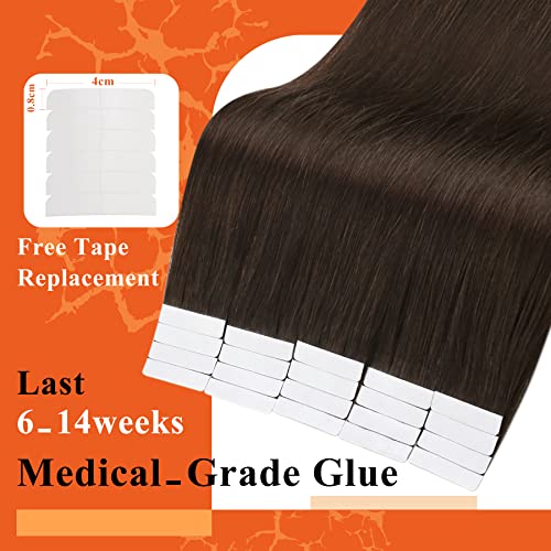 Image of Full Shine Tape in Hair Extensions Human Hair Color Dark Brown Tape Hair Extensions Real Human Hair 14Inch Skin Weft Tape in Extensions 20pcs 50Gram Silky Straight Hair Extensions Tape in