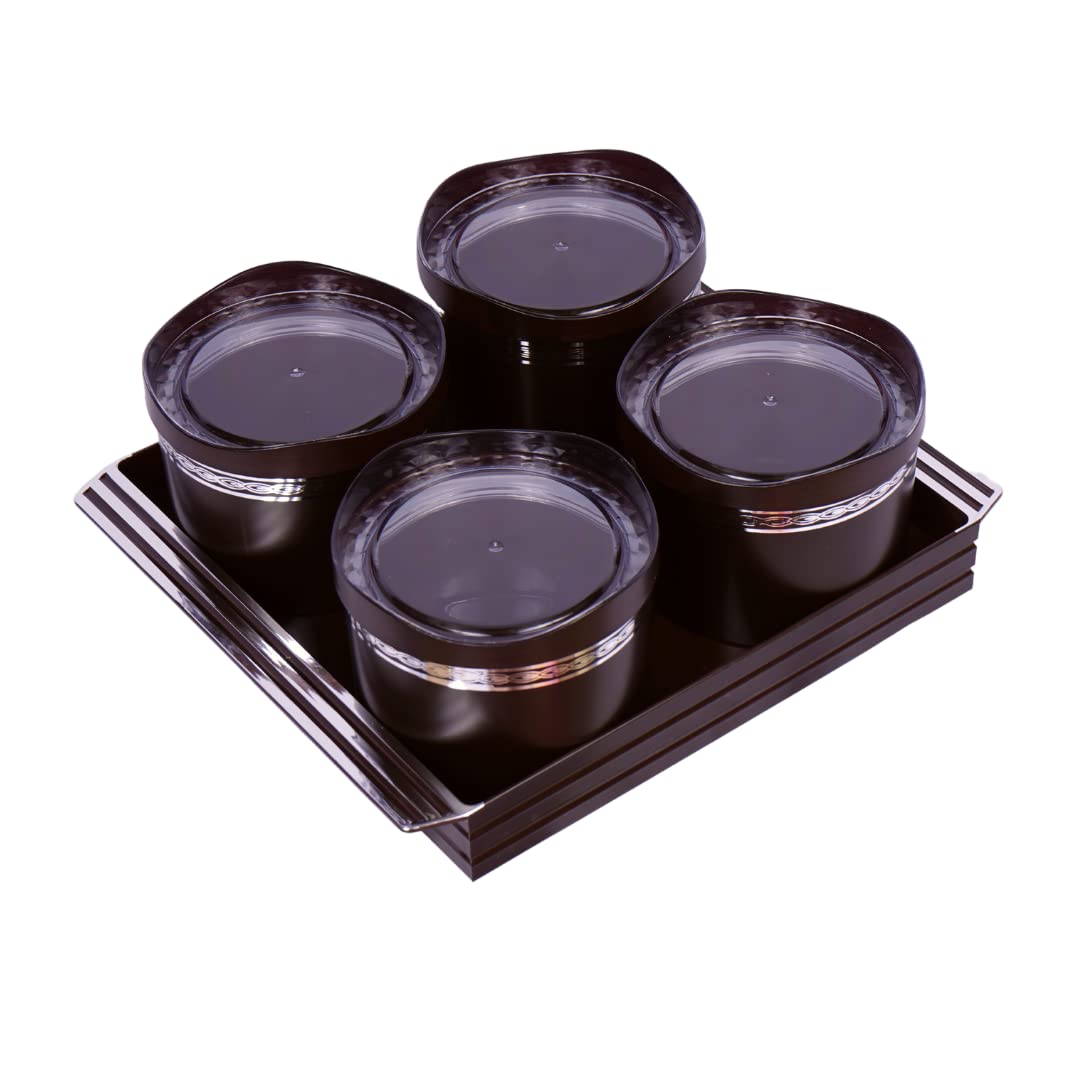 Beaver Liza Dry Fruit Airtight BPA Free Plastic Container Set - 04 pcs Containers + Serving Tray set (Mango wood)