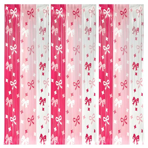 Image of KatchOn, Xtralarge Pink Bow Streamer Backdrop - 3.2x6.5 Feet, Pack of 3, Pink Bow Banner | Valentines Backdrop, Valentines Day Decorations | Pink Bow Birthday Decorations | Galentines Day Decorations