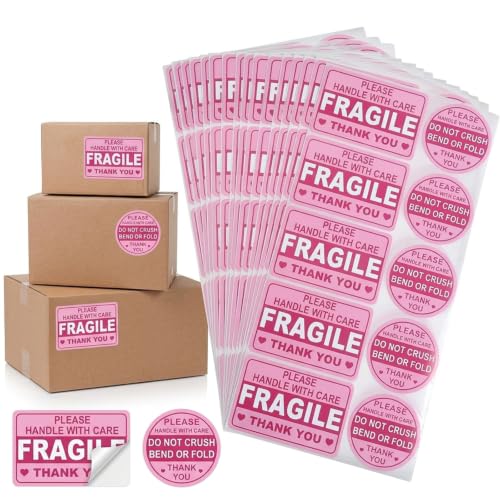 Baiinjiene 300 Pcs Fragile Stickers for Shipping, Pink Handle with Care Labels, 3 x 2 Inch Fragile Labels and 2 Inch Do Not Bend Stickers for Moving Boxes, Mailers, Packaging