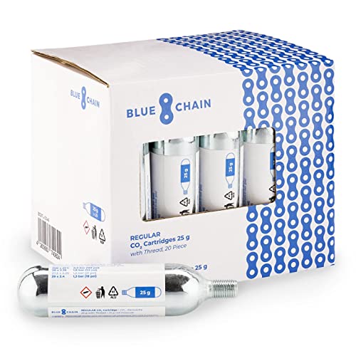 BLUECHAIN® Lot de 20 cartouches de CO2 avec filetage 25 g - Cartouches de CO2 - Pour pompe à cartouche de vélo Cover