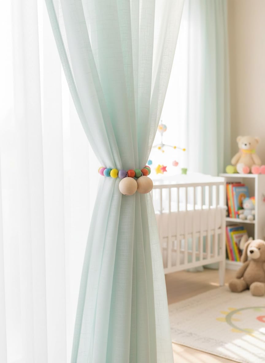 2 Pack Wood Bead Curtain Tiebacks, Colorful Boho Decorative Magnetic Curtain Holdbacks with Strong Nickel Plated Magnets, No Drill Window Treatment Ties for Nursery, Kids Room, Farmhouse Decor