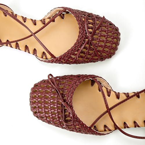 Image of Woven Ballet Flats for Women Lace Up Closed Square Toe Summer Sandals Dressy Shoes