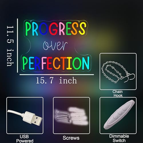 Image of Progress Over Perfection Neon Sign for Classroom, Motivational LED Speech Therapy Decor Neon Letters Light for Office, Home Gym, Gift for Students,Teachers