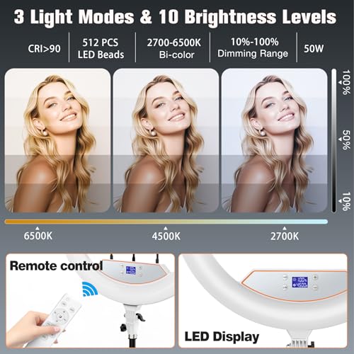 Ring Light 22inch Kit: Ring Light Tripod for iPhone ipad,with 75" Tripod/LCD Display/4 Phone Tablet Clips/2 USB Ports,LED RingLight for Barber Makeup Tattoo TikTok Video Recording Vlog (White)