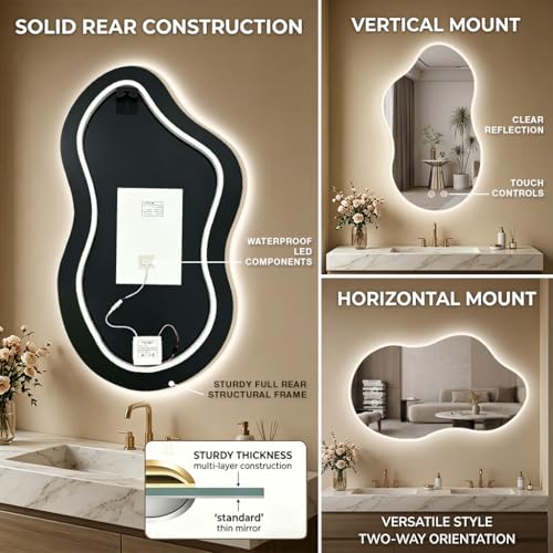 Image of Irregular LED Mirror with Lights 40x24 Inch Backlit Asymmetrical Bathroom Mirrors for Wall Cloud Lighted Vanity Mirrors Shatterproof, Anti-Fog, Dimmable, 3 Colors (Horizontal /Vertical)