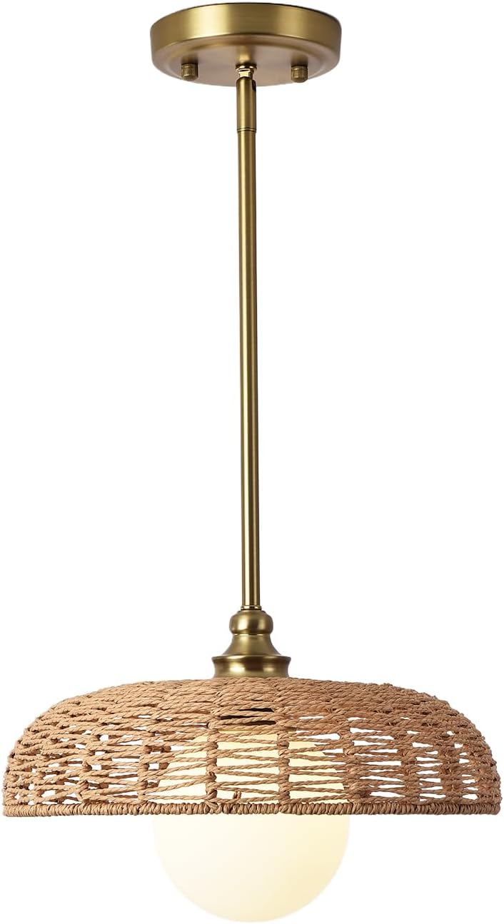Boho Pendant Lights Fixtures for Kitchen Island, Rattan Chandelier Wicker Pendant Lights with Goble Glass Milk Shade, Farmhouse Woven Pendant Light for Living Room Kitchen Island (Bulb Include)