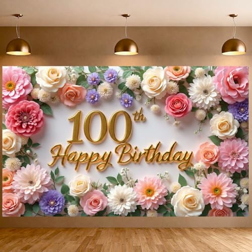 Flower 100th Birthday Banner Decorations for Women Pink Roses Floral Happy 100th Birthday Banner Backdrop for 100 Years Old Anniversary Party Home Wall Outdoor Indoor Photo Booth Background Supplies