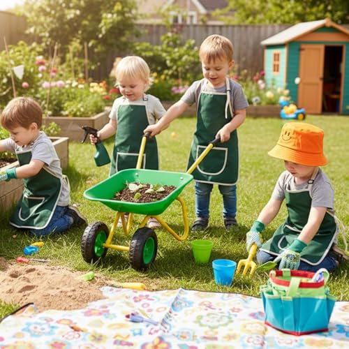 Image of Toddler Gardening Metal Wheelbarrow Set for Kid with 12 PCS Tool(Green Set) | Children Wheelbarrow Apron,Gloves,Hat,Flower Pot,Bag,Label,Watering Sprayer,Pointed Shovel,Square Shovel,Rake