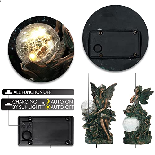 Teresa's Collections Fairy Garden Sculptures & Statues,Set Of 2 Solar Outdoor Statue,Bronze Figurines With Crackle Glass Ball, Resin Angel Garden Decor For Outside Patio Lawn Yard Balcony Decor,10” #TOP4