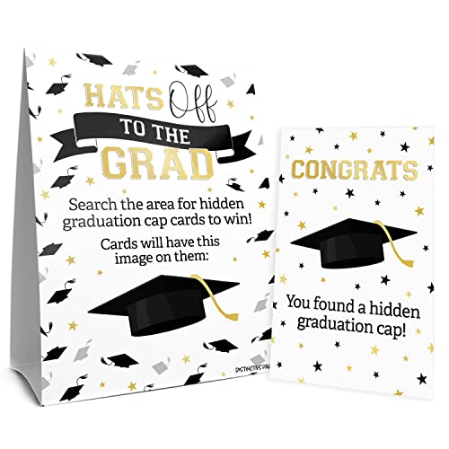DISTINCTIVS Graduation Party Games, Grad Cap Scavenger Hunt - Class of 2024-1 Sign and 10 Cards to Hide