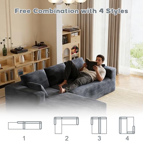 Image of 106 inch Corduroy Sectional Couch, Boneless L Shaped Couch with Deep Seat, Cloud Foam Sofa with Oversized Chaise, Sectional Sofa No Assembly Needed for Living Room
