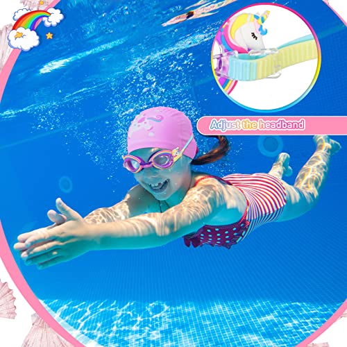 Fiada 2 Pcs Kids Swimming Cap Adjustable Toddler Swimming Goggles Stretchable Swim Hat Kids UV Protection Anti Fog Swim Glasses for Children Teens 3-15 Years Old (Unicorn) - Image 4