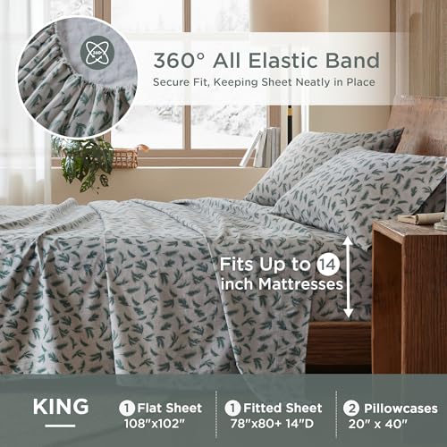 Image of Woolrich Cotton Sheet Set Cottage Charms Print, 100% Cotton Flannel Sheets Warm & Fuzzy Bedding Set King Size Sheets, Fitted Pocket Fits Up to 14 inch Mattress, King Pine Branches, 4 Piece