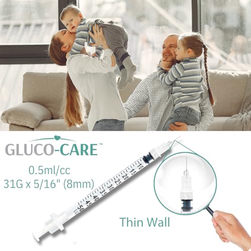 Image of GLUCO-CARE 0.5 ml /cc Syringes 31G x 5 /16'' (8mm), 100 /box | Fine Tip, Home & Lab Use, Clear Barrel, Bold Scale, Smooth Plunger Movement with back-end stopper, Leak-Proof Design