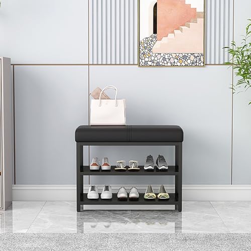 Banc de rangement capitonné en cuir avec double étagère de rangement fixe