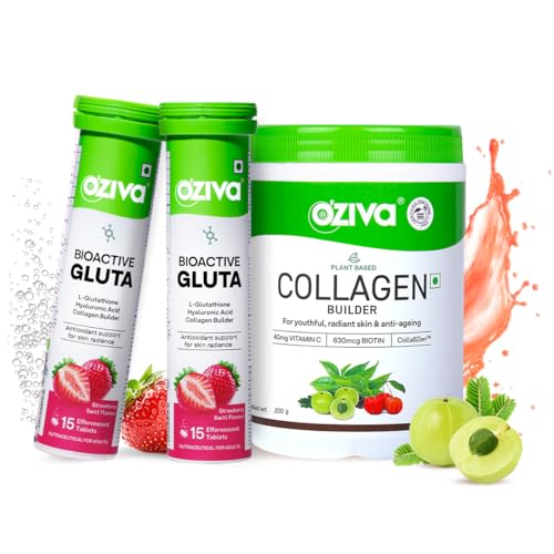 Image of OZiva Vegan Collagen (Tangy Amla) for Skin, Hair & Nails | 200g (Pack of 1) and OZiva Bioactive Glutathione Tablets for Radiant Skin - 30 Effervescent Tablets (Pack of 2) | Strawberry Swirl