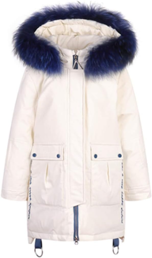 Ding Dong Kid Girl Winter Hooded Fur Down Jacket Puffer Parka Coat(White,6T)