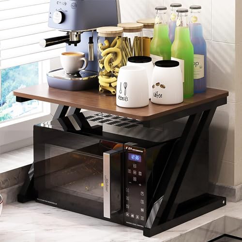 Image of REMANENCE 2-Layer Microwave Stand, Kitchen Platform Oven Stand Rack, Toaster Organizer with Storage Shelf Metal and Wood | Stand for Microwave (Walnut Brown with Black Frame)