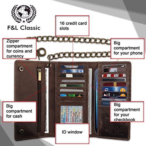 Image of F&L CLASSIC RFID Blocking Mens Tri-fold Long Style Cowhide Leather Steel Chain Wallet,Antique dark brown