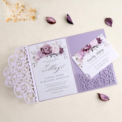 Crisjanggo 50 pcs Purple Wedding Invitations 5×7 Personalized Invitations with