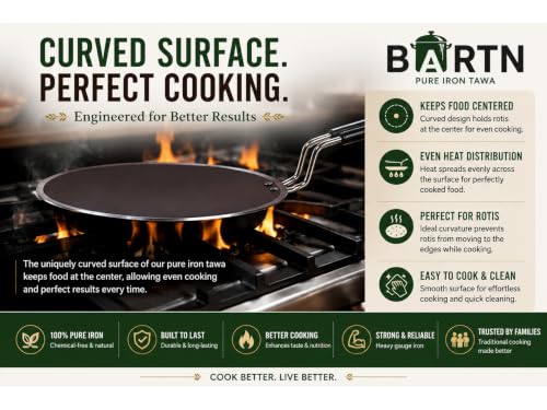 Image of Pure Iron Tawa for Roti & Chapati with Strong Steel Handle | Heavy Duty Curved Surface Iron Tava for Multipurpose Uses & Health Benefits | Non-Toxic, No Chemical Layers | Gas Stove | 10 Inch, 1 KG