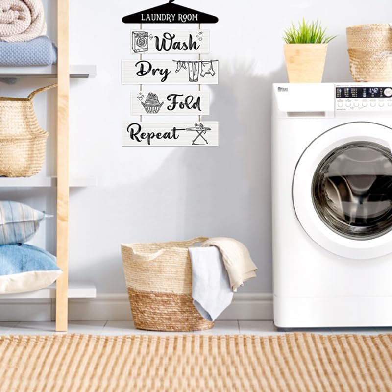Rustic Laundry Sign with Hang Rope - Wooden Wall Decor for Home Decoration Housewarming Gift - White, 30.48 cm (L) x 45.21 cm (W) - Image 4