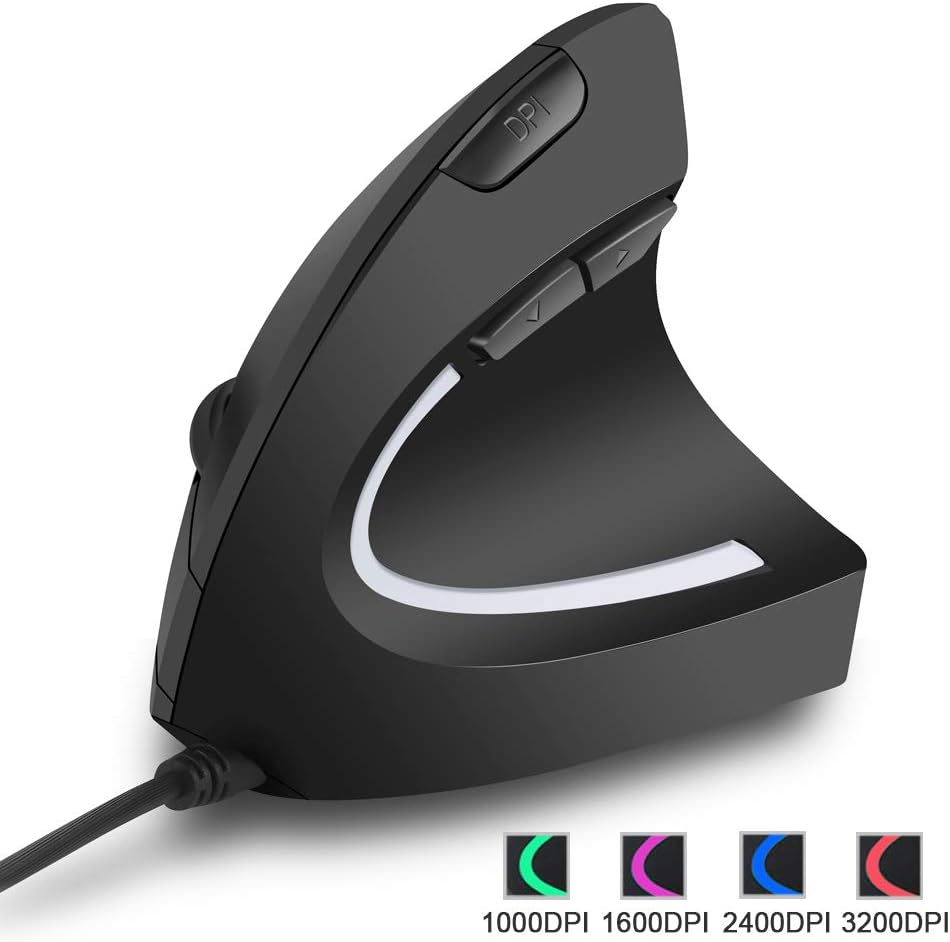 PABREY USB Wired Vertical Mouse Optical Ergonomic Mouse for Laptop, Computer, Adjustable Sensitivity 1000/1600/2400/3200 DPI, Black