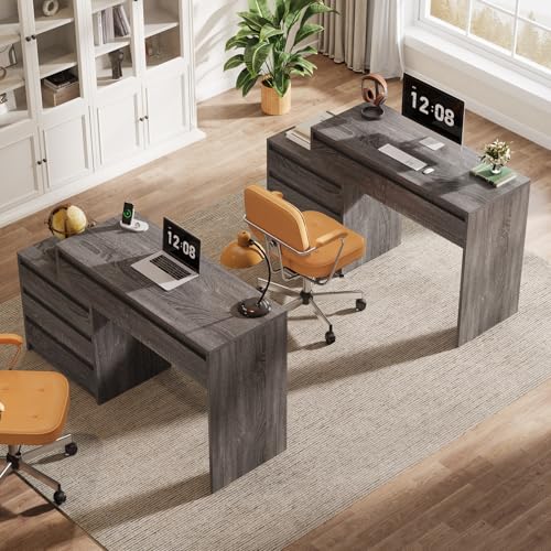 Tribesigns Computer Desk with 5 Drawers, Executive Home Office Desk with File Cabinet and Printer Stand, Industrial Rustic Wood Desk for Small Spaces, Study Writing Workstation (Gray)