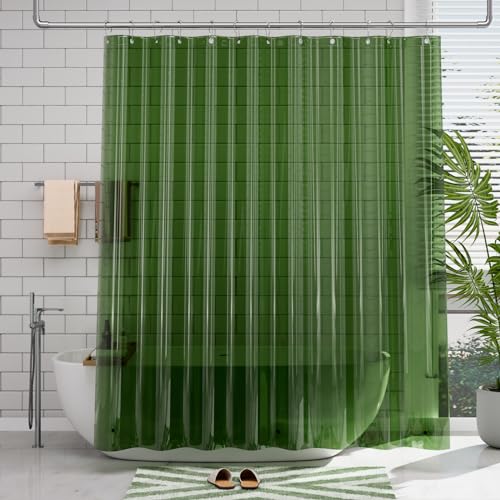 Image of AmazerBath Shower Curtain Liner, 72x72 Transparent Pine Green Shower Liner, Lightweight Plastic Shower Curtain Liners, Waterproof Shower Liner for Bathroom with 3 Magnets and 12 Grommet Holes