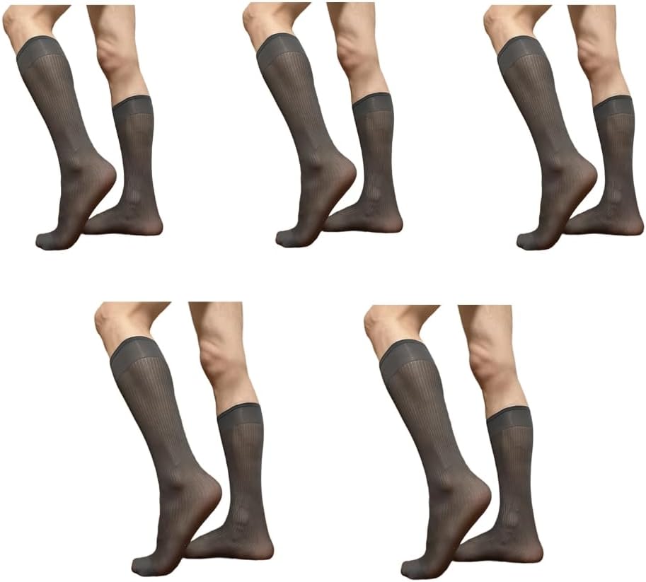 5 Pairs Men Elegant Business Dress Knee Length Socks Comfortable Silk Thin Nylon Long Stockings for Formal