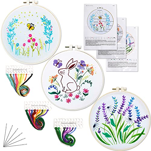 3 Pack Spring Easter Embroidery Kit With Pattern And Instructions For Beginners Adults Spring Plants Flower Rabbit Butterfly Kit Craft Stamped Embroidery Starter Including Hoop Needles Color Threads #TOP8