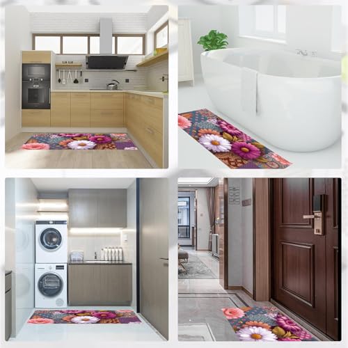 Alfombra de cocina lavable de estilo floral retro con tapete de 2 piezas 7