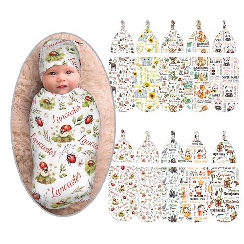 Kegono Personalized Ladybug Swaddle Blanket Boy Girl Newborn Essentials,Custom Baby Ladybug Swaddle Blanket and Hat Set with Name,Customized Gifts