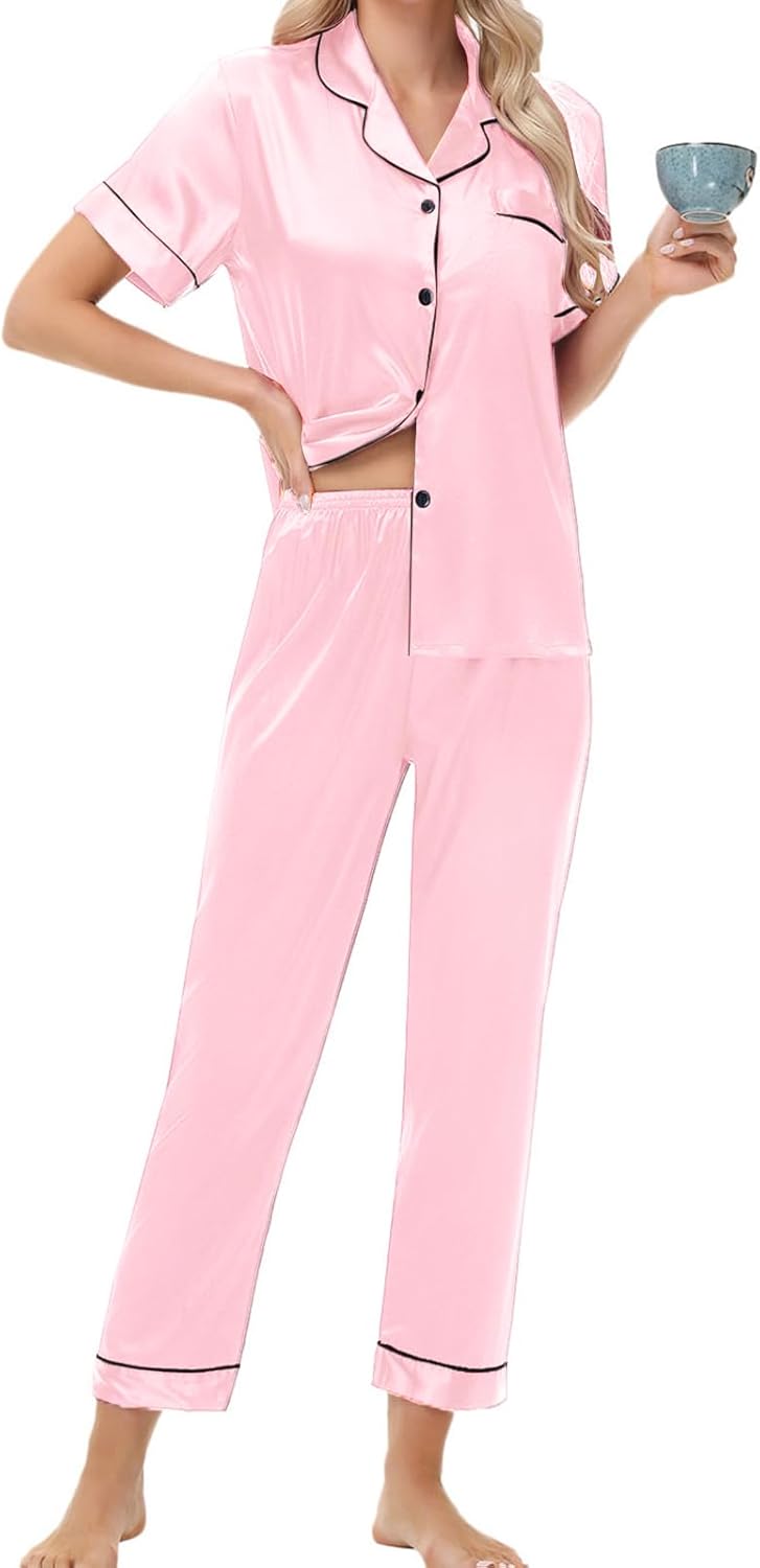 Women's Satin Pajama Set Short Sleeve Silk Top and Pants Set Classic Button Down 2-Piece Sleepwear Loungewear - Image 4