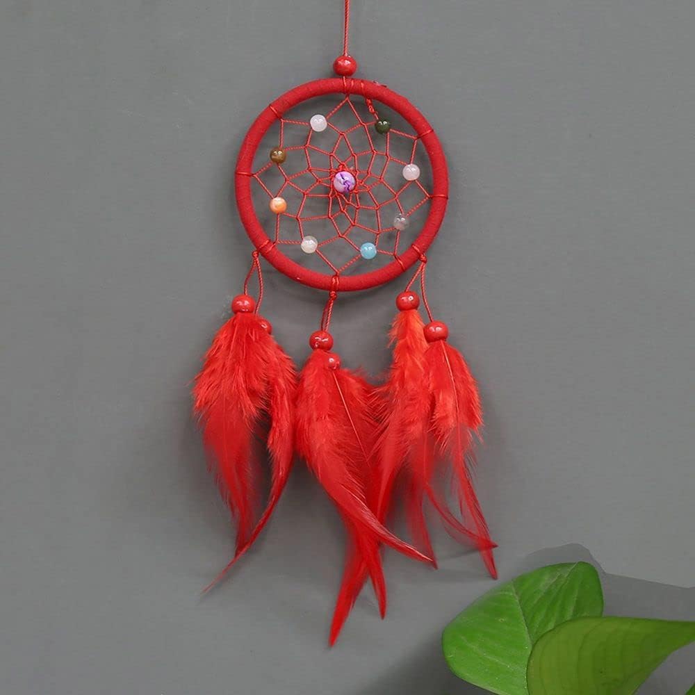Red Small Dream Catcher with Feathers Wall Hanging Ornament Indian Style Decoration Wind Chimes for Car Home Wall Decor Home and Kitchen