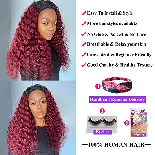 Image of Aiterina Headband Wig deep wave human hair wigs for Black Women Brazilian Remy Hair Glueless Non Lace Front Wig 150% Density (8 inch, 1B /99J)