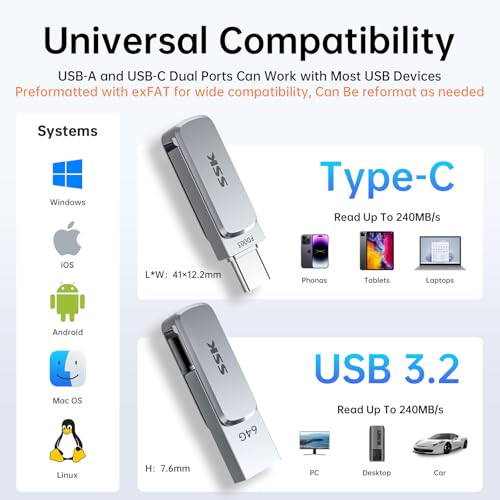 SSK Pamięć USB C 64 GB do 240 MB/s, Dual Memory Stick USB 3.2 Typ-C i USB-A, pamięć flash Drive do iPhone 15/16Pro/Win / Android z wodą, kurzem i ochroną przed upadkiem